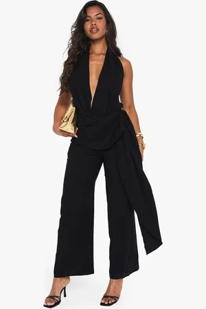 Boohoo Womens Linen Look Drape Cowl Wrap Jumpsuit - Rayon - Size 16 UK