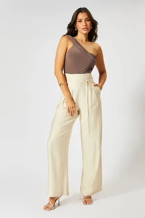 MissPap Womens Linen Look Wide Leg Paper Bag Waist Trousers - Viscose - Size 8 UK