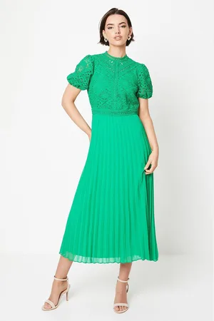 Oasis Womens Lace Puff Sleeve Pleated Midi Dress - - Size 10 UK