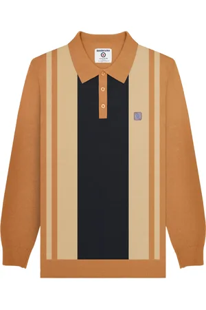 Lambretta Mens AW24 Vintage Panelled Long-Sleeved Polo Shirt (Tobacco) - Cotton - Size Large