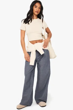 Boohoo Womens Petite Stripe Drawstring Wide Leg Trousers - Cotton - Size 6 UK