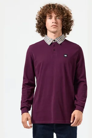 Weekend Offender Mens Walker Check Collar Long Sleeve Polo Shirt in Cotton - Size Small