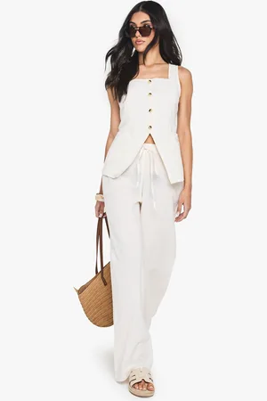 Boohoo Womens Linen Look Square Neck Waistcoat And Tailored Wide Leg Trousers Co-Ord - Cotton - Size 14 UK