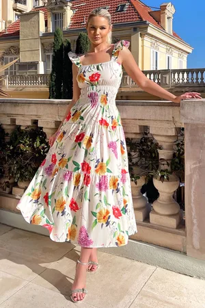 Ax Paris Womens Floral Printed Frill Strap Midi Dress - Size 12 UK