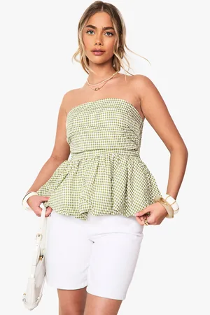 Boohoo Womens Woven Gingham Bandeau Puffball Smock Top - Cotton - Size 14 UK