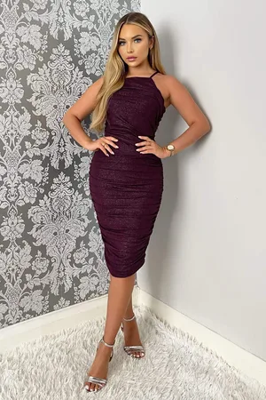 Ax Paris Womens Plum Ruched Bodycon Shimmer Midi Dress - - Size 16 UK