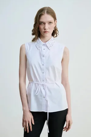 Gusto Womens Sleeveless Cotton Shirt With Pearls - - Size Large