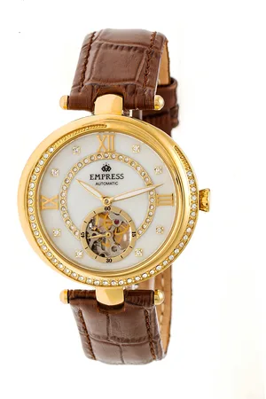 Empress Womens Stella Automatic Semi-Skeleton MOP Leather-Band Watch - Stainless Steel - One Size