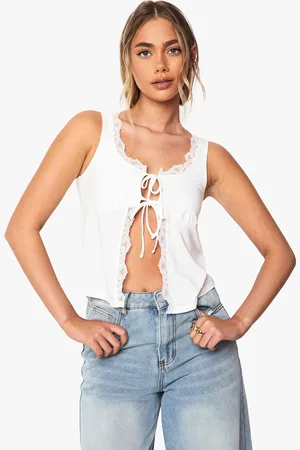 Boohoo Womens SLINKY LACE TRIM TIE FRONT MILMAID TOP - - Size 12 UK