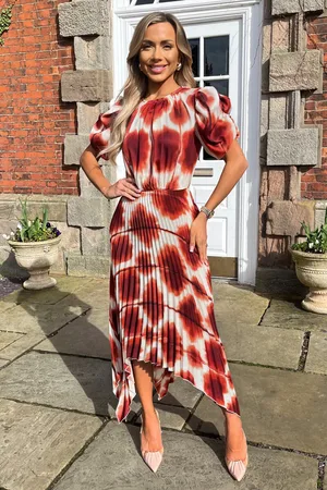 Ax Paris Womens Printed Puff Sleeve Zig Zag Hem Pleated Midi Dress - Size 8 UK