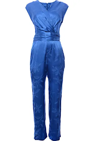 Closet Womens Wrap Front Satin Jacquard Jumpsuit in Cobalt Floral - - Size 8 UK