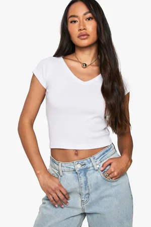 Boohoo Womens Basics V Neck Fitted Crop Top - Cotton - Size 16 UK