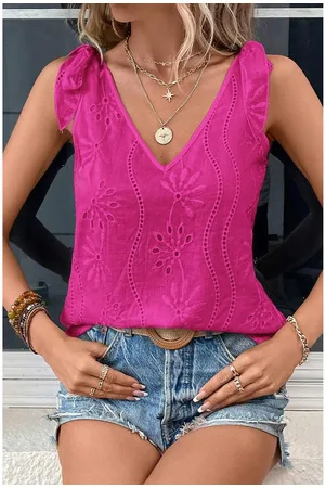 Azura Exchange Womens Red Embroidery Patterned Knotted Straps V Neck Tank Top Cotton - Size X-Large