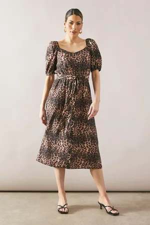 wallis Womens Leopard Button Through Puff Sleeve Midi Dress - Cotton - Size 8 UK