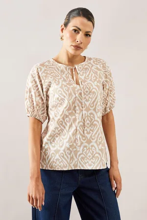 wallis Womens Abstract Cotton Puff Sleeve Top - - Size 14 UK