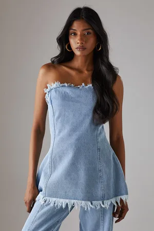 warehouse Womens Fray Detail Denim Bandeau Top - Cotton - Size 6 UK