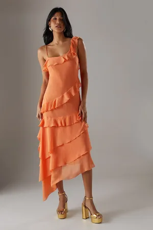 warehouse Womens Chiffon Asymmetric Hem Ruffle Midi Slip Dress - - Size 14 UK