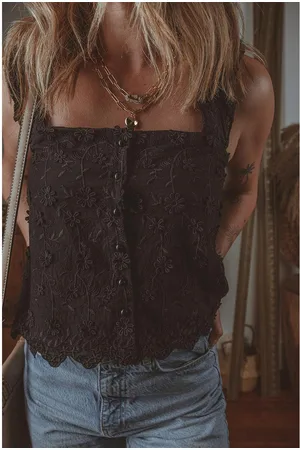 Azura Exchange Womens Floral Embroidered Buttoned Square Neck Tank Top Cotton - Size Small