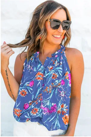 Azura Exchange Womens Floral Print Buttoned Neckline Tank Top - Size Large