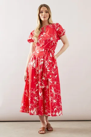 wallis Womens Floral Cotton Puff Sleeve Belted Midi Dress - - Size 14 UK