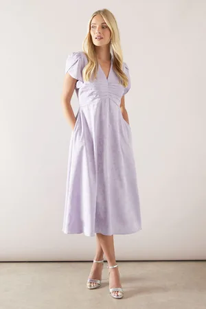 wallis Womens Petite Satin Jacquard Pleat Detail Midi Dress - - Size 12 UK