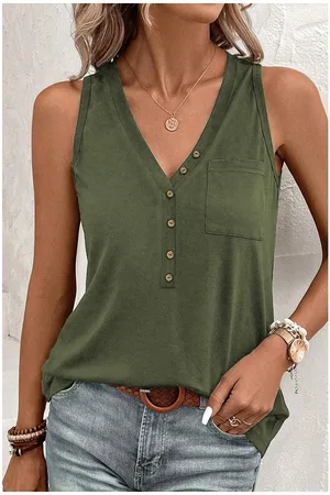 Azura Exchange Womens Jungle Green Half Button V Neck Patched Pocket Tank Top - - Size X-Large