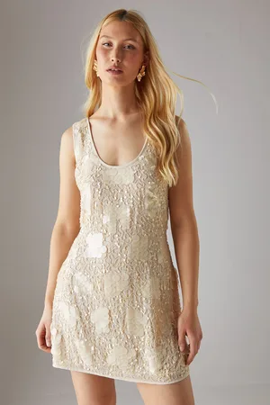 warehouse Womens Hand Embellished Pearlescent Sequin Scoop Neck Mini Dress - - Size 16 UK