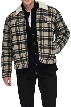 Only & Sons Mens Winter Jacket Long Sleeve Fur Collar Fleece Lumberjack Check - Cotton - Size Small