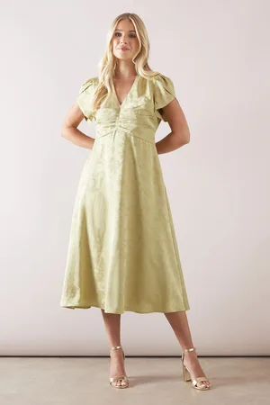 wallis Womens Petite Satin Jacquard Pleat Detail Midi Dress - - Size 12 UK