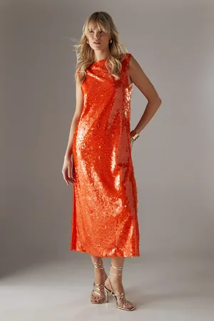 warehouse Womens Sequin Shoulder Pad Sleeveless Column Midi Dress - - Size 14 UK