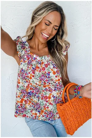 Azura Exchange Womens Red Floral Square Neck Flutter Tank Top - Size Medium
