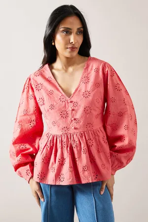 wallis Womens Petite Broderie Button Peplum Blouse - Cotton - Size 14 UK