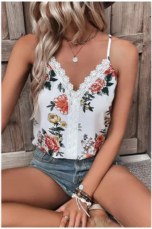 Azura Exchange Womens Floral Print Lace V Neck Tank Top - Size X-Large