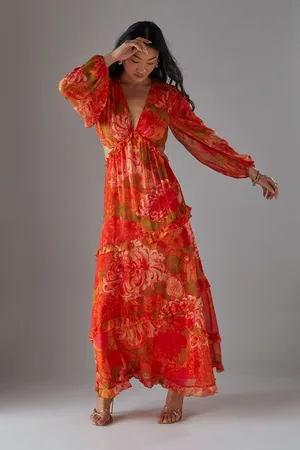 warehouse Womens Petite Chiffon Cut Out Waist Ruffe Maxi Dress - - Size 12 UK