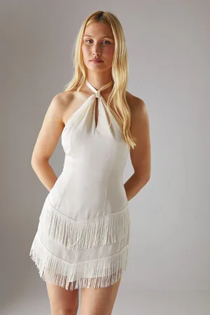 warehouse Womens Hen Satin Crinkle Fringe Knot Halter Mini Dress - - Size 8 UK