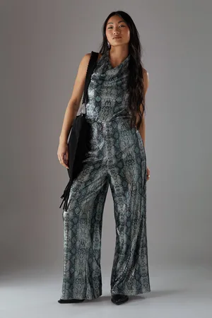 warehouse Womens Petite Snake Sequin Cowl Neck Drop Waist Jumpsuit - - Size 4 UK