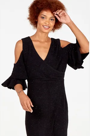 Blue Vanilla Womens Cold Shoulder Ruffle Sparkle Midi Dress - - Size 8 UK