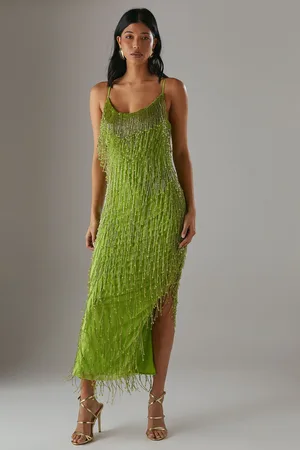 warehouse Womens Hand Embellished Sequin Tassel Midi Dress - - Size 10 UK