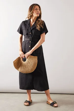wallis Womens Linen Button Pocket Midi Shirt Dress - - Size 16 UK