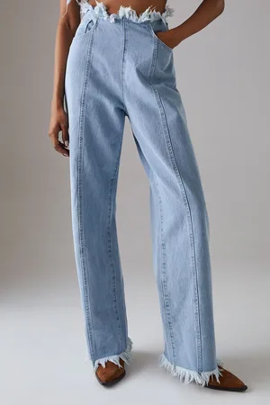 warehouse Womens Fray Detail Wide Leg Jeans With Seam Detailing - Cotton - Size 14 UK