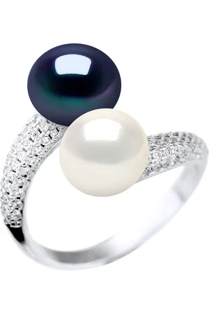 Diadema Womens Ring YOU AND ME 2 Freshwater Pearls 9-10 mm White and Black Jewelry 925 Silver - One Size
