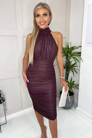 Ax Paris Womens Plum Shimmer High Neck Ruched Bodycon Midi Dress - - Size 16 UK