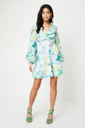 Oasis Womens Petite Blurred Floral Corsage Tiered Mini Dress - - Size 18 UK