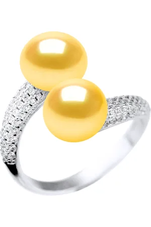 Diadema Womens Ring YOU AND ME 2 Water Beads 9-10mm Sweet Golden Jewelry 925 Silver - One Size