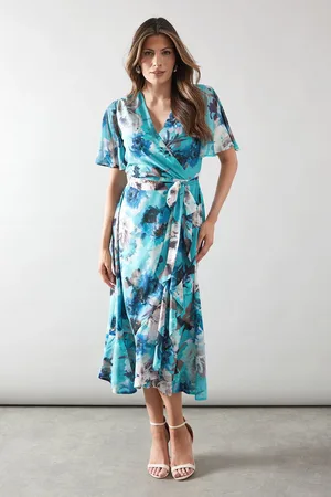wallis Womens Floral Ruffle Wrap Belted Midi Dress - - Size 18 UK