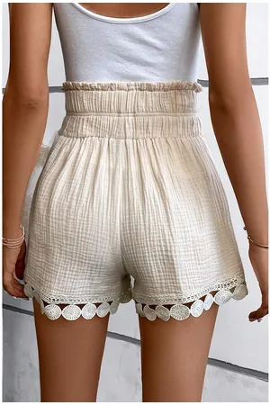 Azura Exchange Womens Apricot Textured Frilled Knotted High Waist Lace Hem Shorts - Cotton - Size Medium