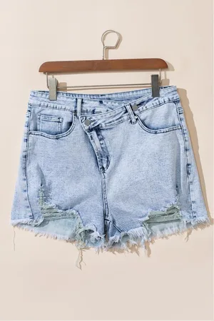 Azura Exchange Womens Acid Wash Crossed Raw Edge Denim Shorts Cotton - Size 18 UK