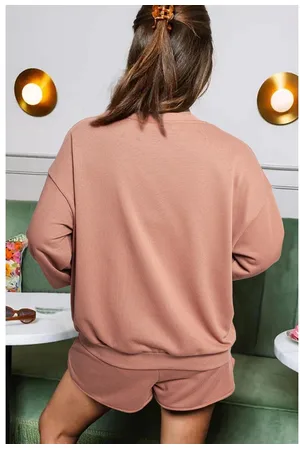 Azura Exchange Womens Straw Sequined COFFEE Loose Fit Sweatshirt and Shorts Set - Size Small