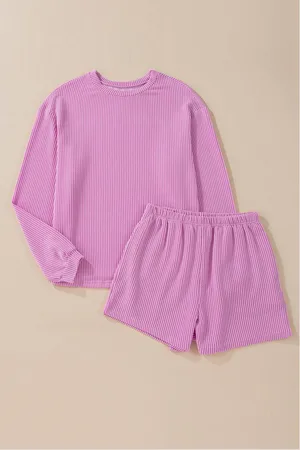 Azura Exchange Womens Phalaenopsis Corded Knit Long Sleeve Top and High Waist Shorts Set - - Size Large