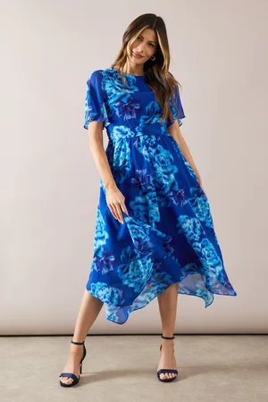 wallis Womens Navy Floral Chiffon Twist Front Midi Dress - - Size 16 UK